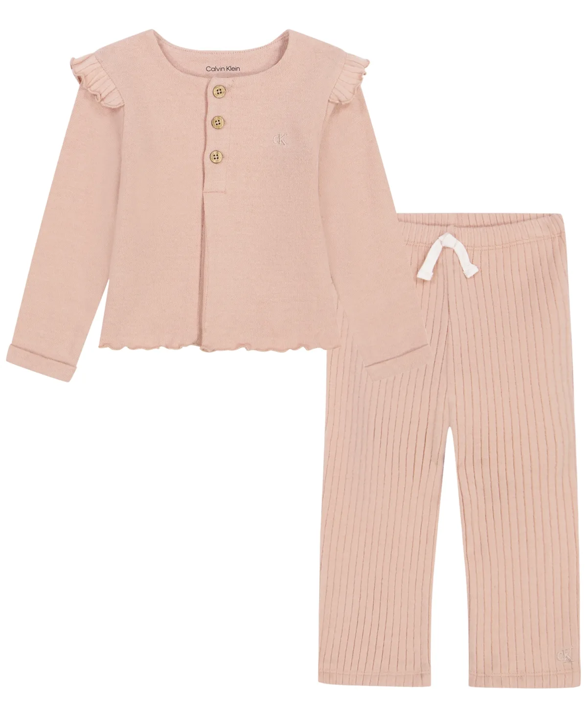 Ruffle-Trim Long-Sleeve Top and Wide-Leg Pants, 2-Piece Set by Calvin Klein