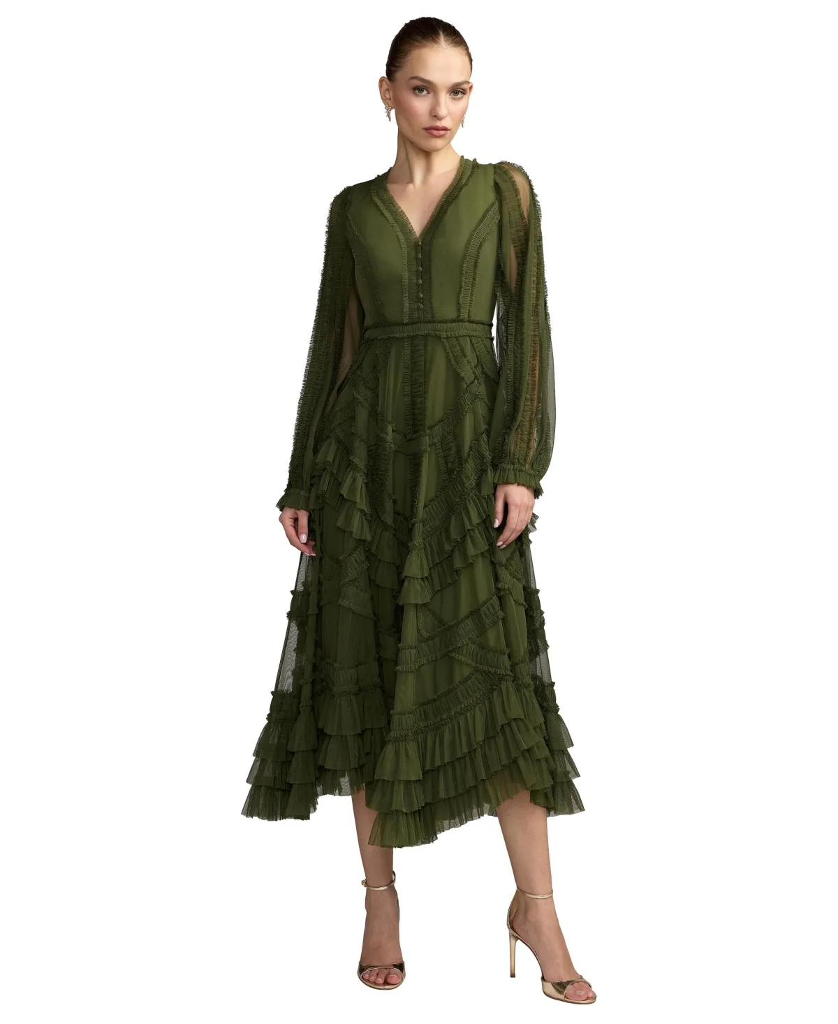 Long Sleeve V Neck Mesh Micro Ruffle Midi Dress by M.A.C.