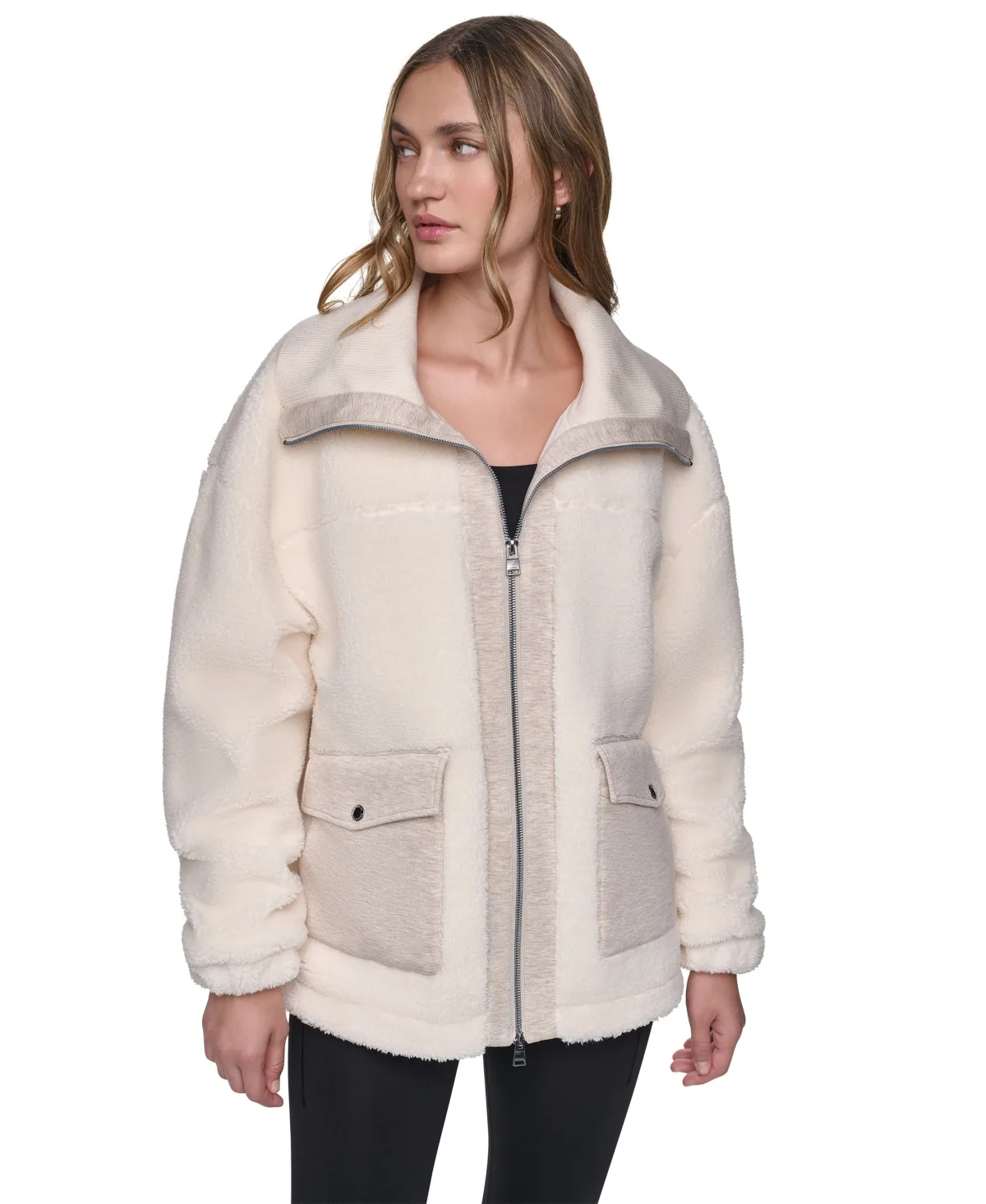 Funnel Neck High-Low Sherpa Jacket by DKNY