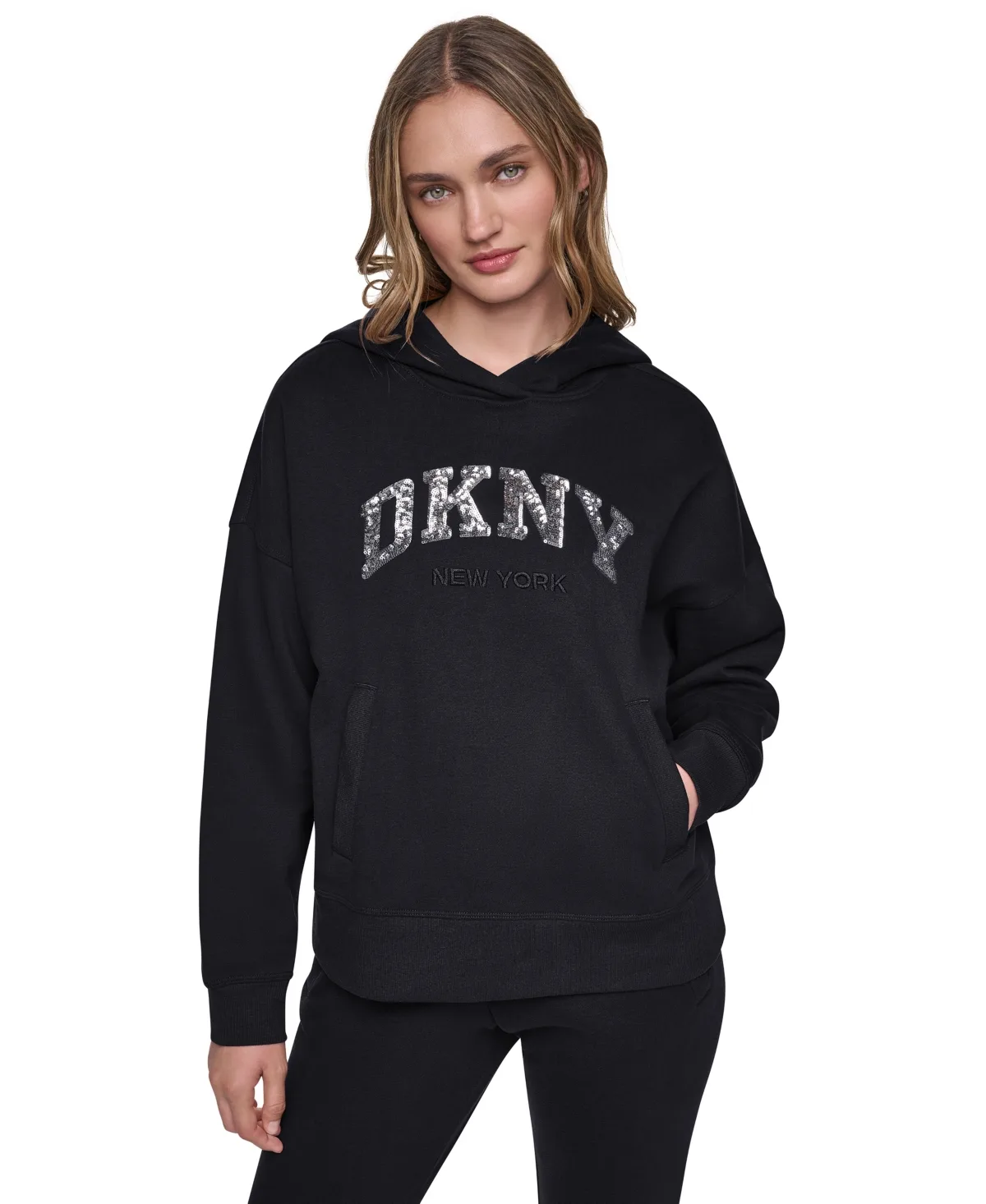 Varsity Sequin Pullover Hoodie by DKNY
