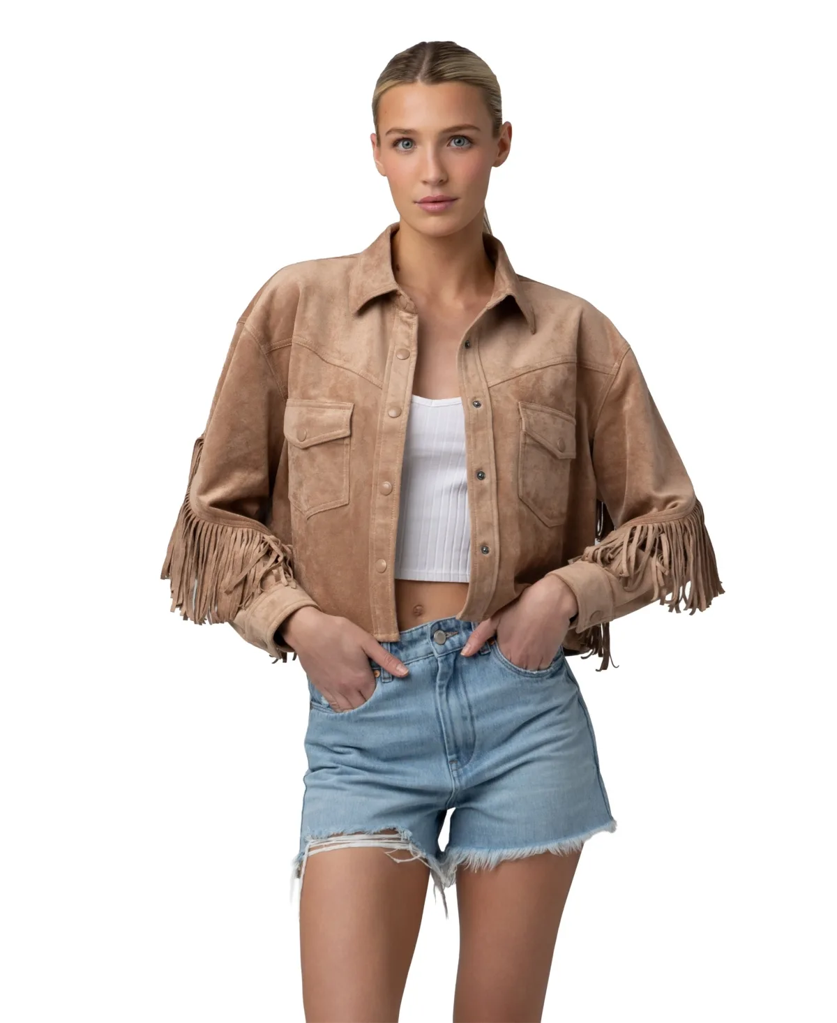 Faux-Suede Fringe Cropped Shacket by Blank