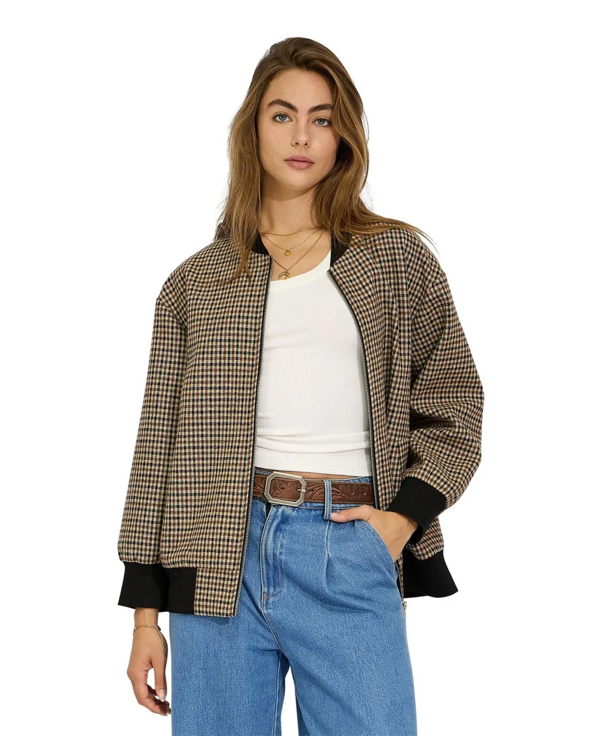Coffee Run Ribbed Collar Check Bomber by Belle & Bloom