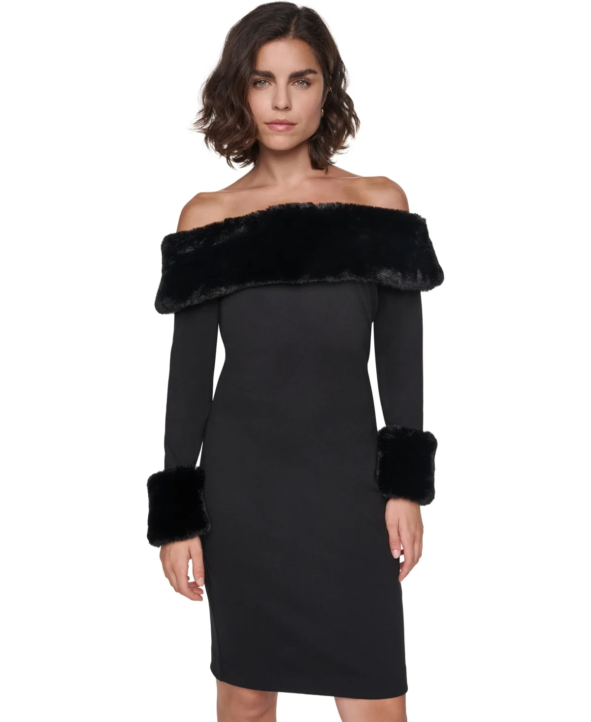 Paris Off-the-Shoulder Faux Fur-Trim Long-Sleeve Dress by Karl Lagerfeld