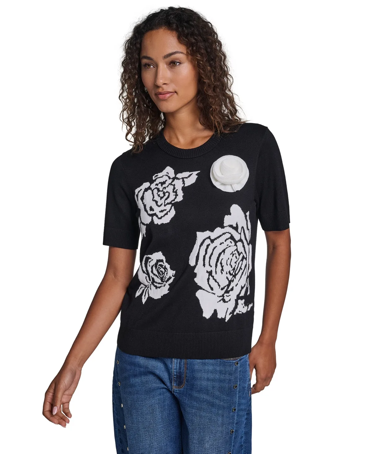 Paris All Over Rose Floral Crewneck Short-Sleeve Sweater by Karl Lagerfeld