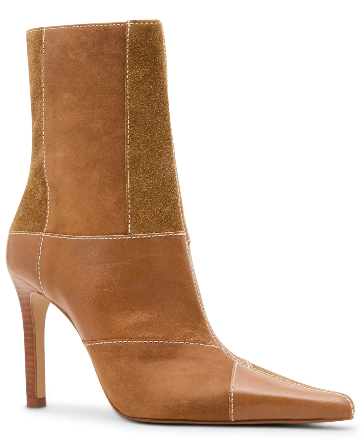 Trial-Patch Patchwork Pointed Toe High Dress Booties by Steve Madden
