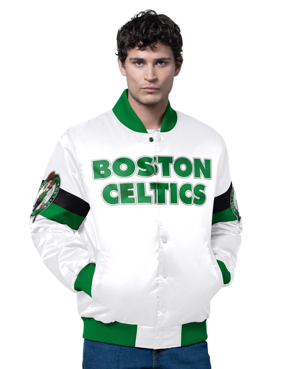 Starter White Boston Celtics Triple Option Varsity Full-Snap Satin Jacket by Starter