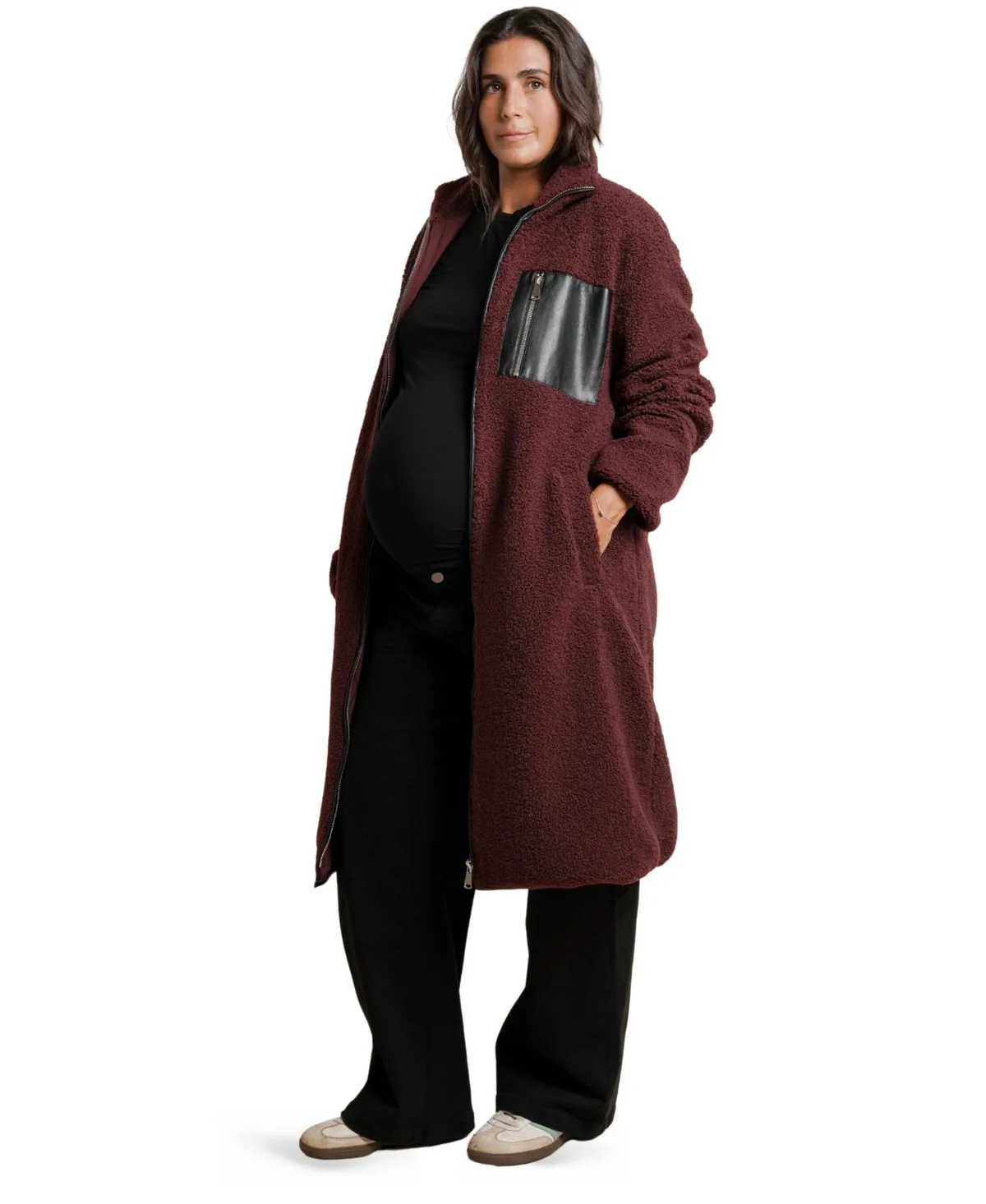 Teddi Baby Wearing Long Coat by Nom Maternity