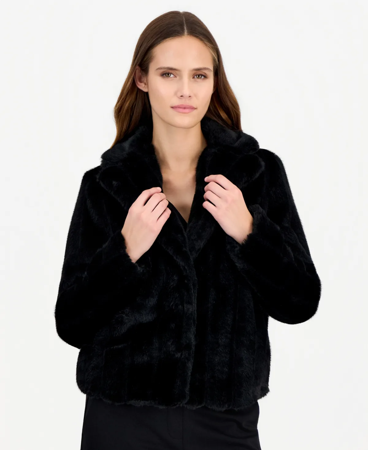 Cropped Notched-Collar Faux Fur Jacket by Anne Klein