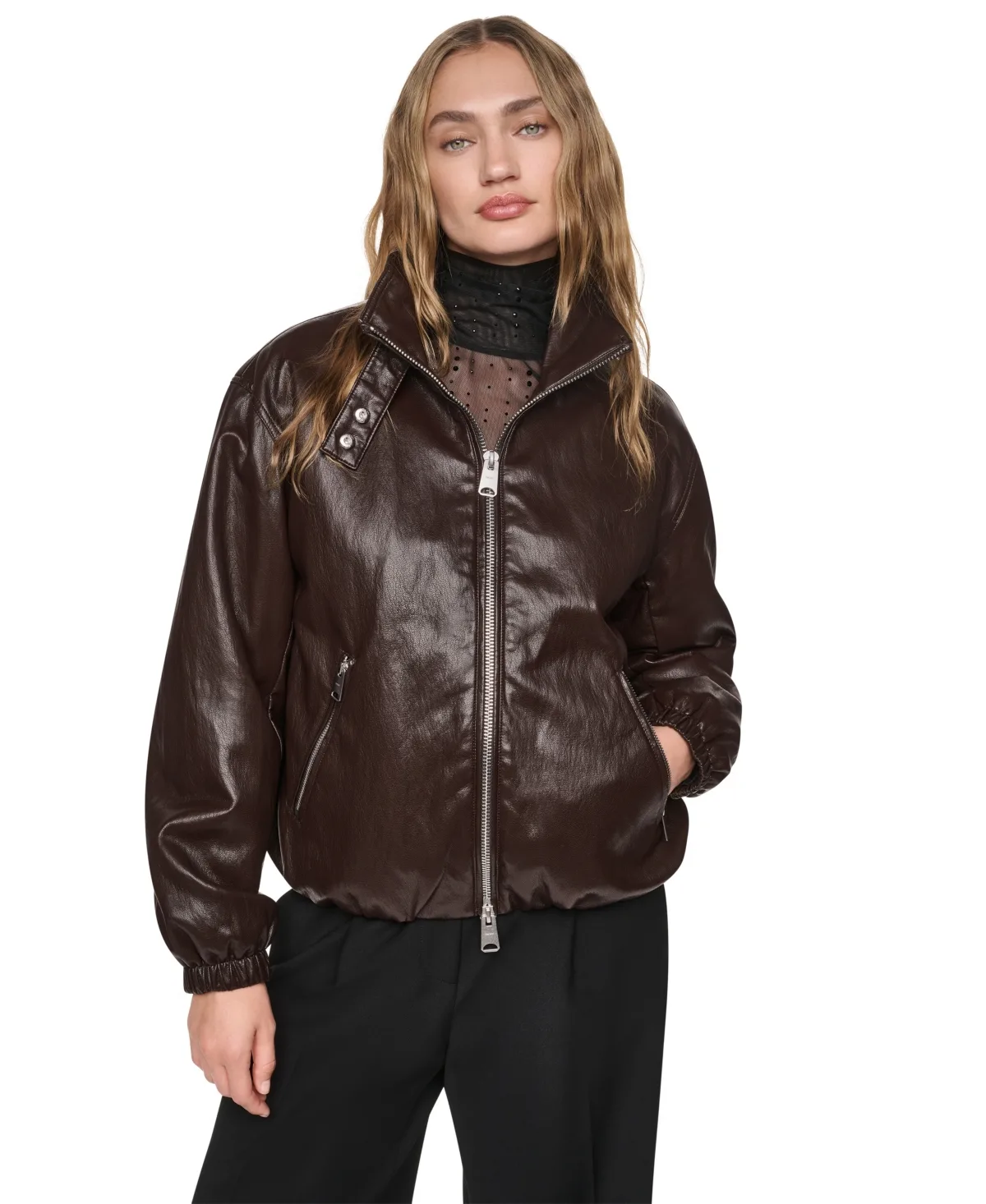 High-Collar Faux-Leather Bomber Jacket by DKNY