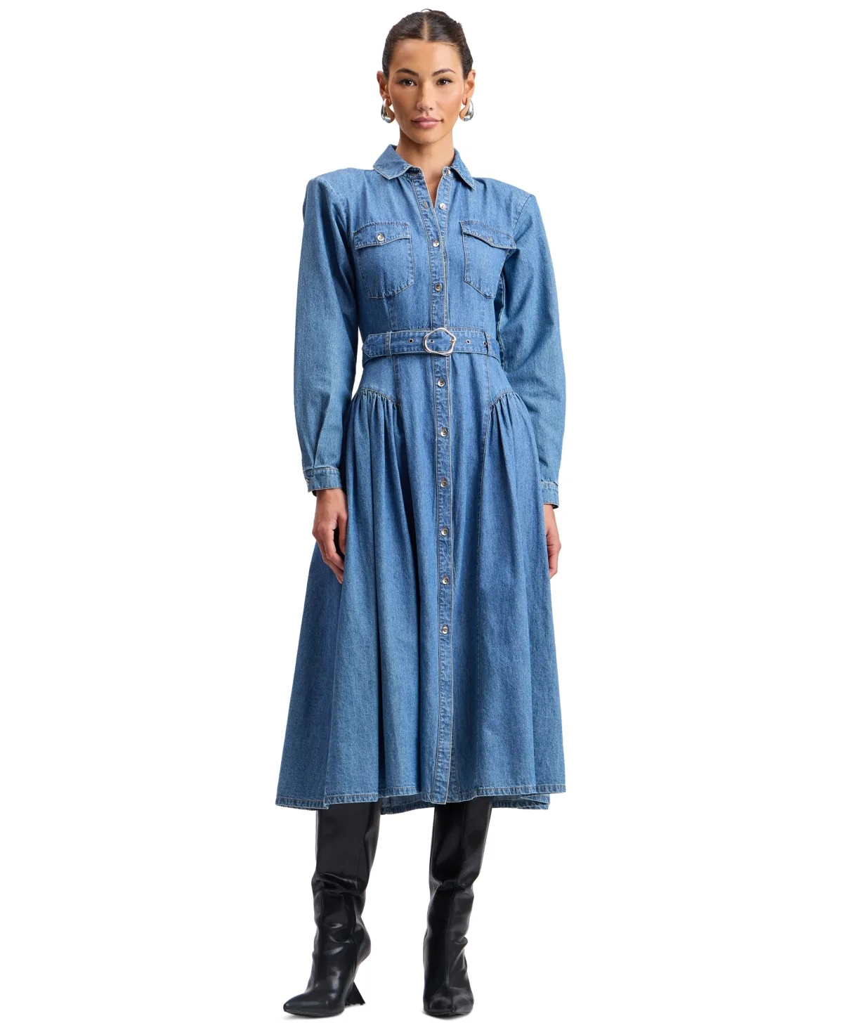 Strong Shoulder Belted Denim Midi Shirt Dress