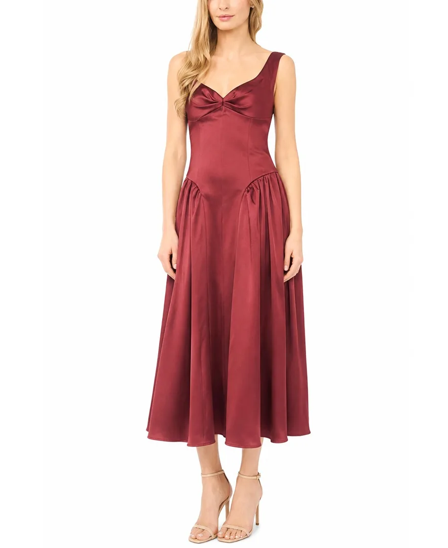 Sweetheart Neckline Drop-Waist Satin Midi Dress