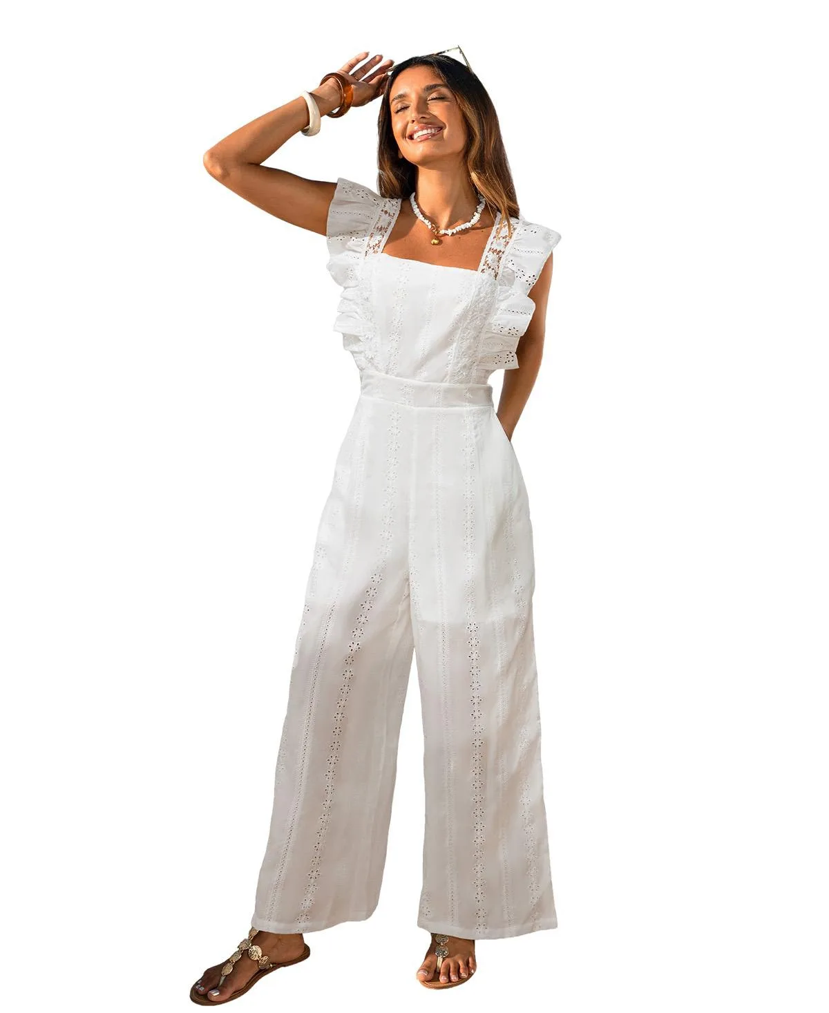Wide-Leg Flutter-Sleeve Eyelet Jumpsuit by Cupshe