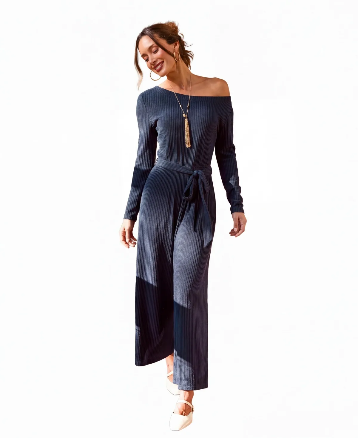 A Good Look Off-the-Shoulder Long-Sleeve Wide-Leg Jumpsuit by Cupshe