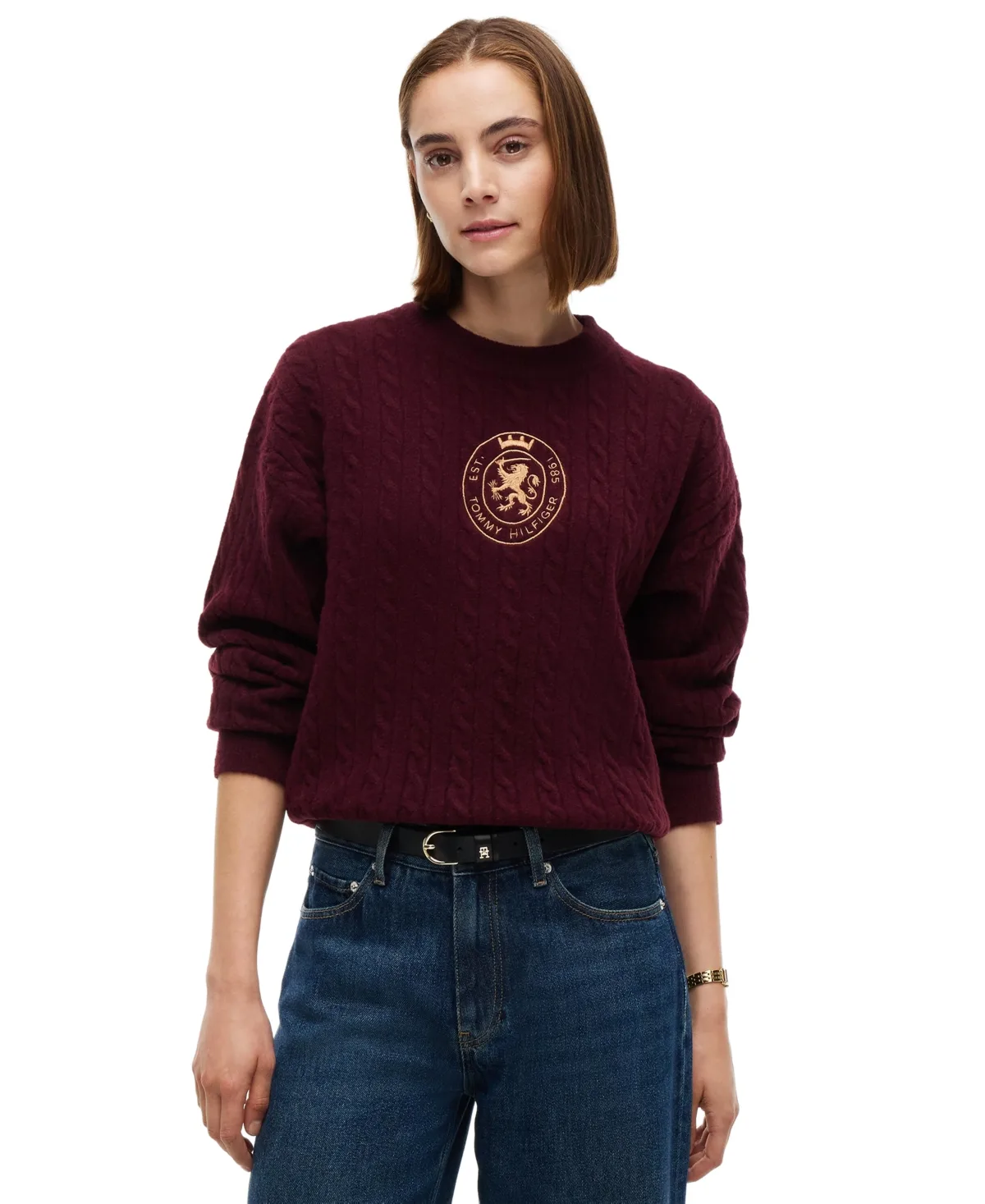 Cable-Knit Crewneck Embroidered Crest Sweater by Tommy Hilfiger