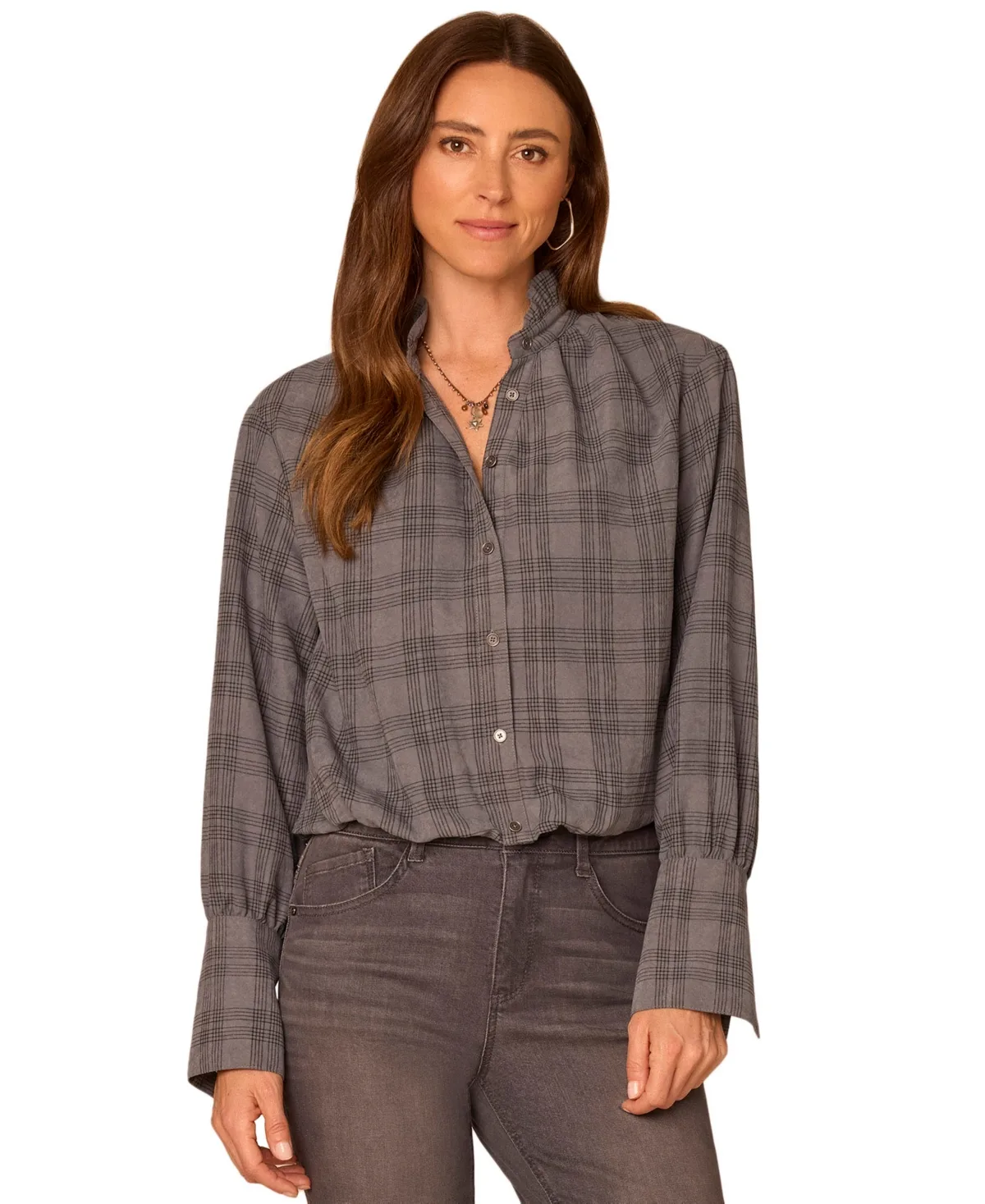 Plaid French-Cuff Ruffle-Neck Faux Suede Blouse