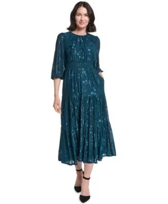 3/4 Sleeve Smocked Floral Midi Dress by Jessica Howard
