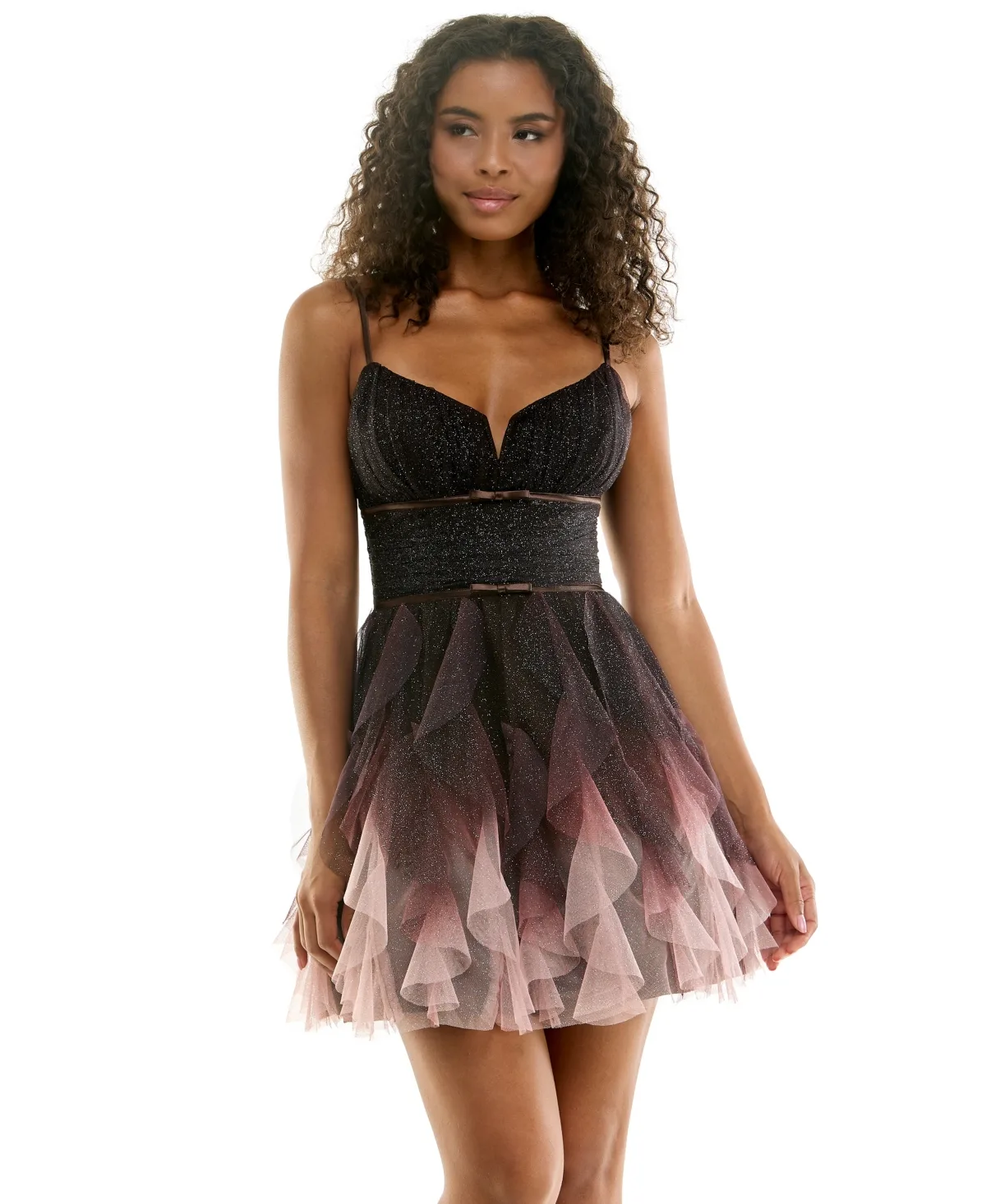 Twilight Bloom Glitter Ruffle V-Neck Dress by Pear Culture