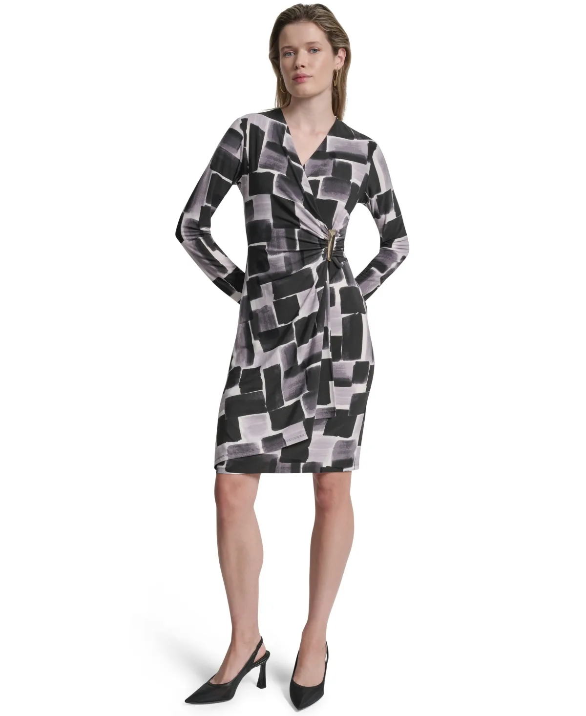 Long-Sleeve V-Neck Faux Wrap Dress