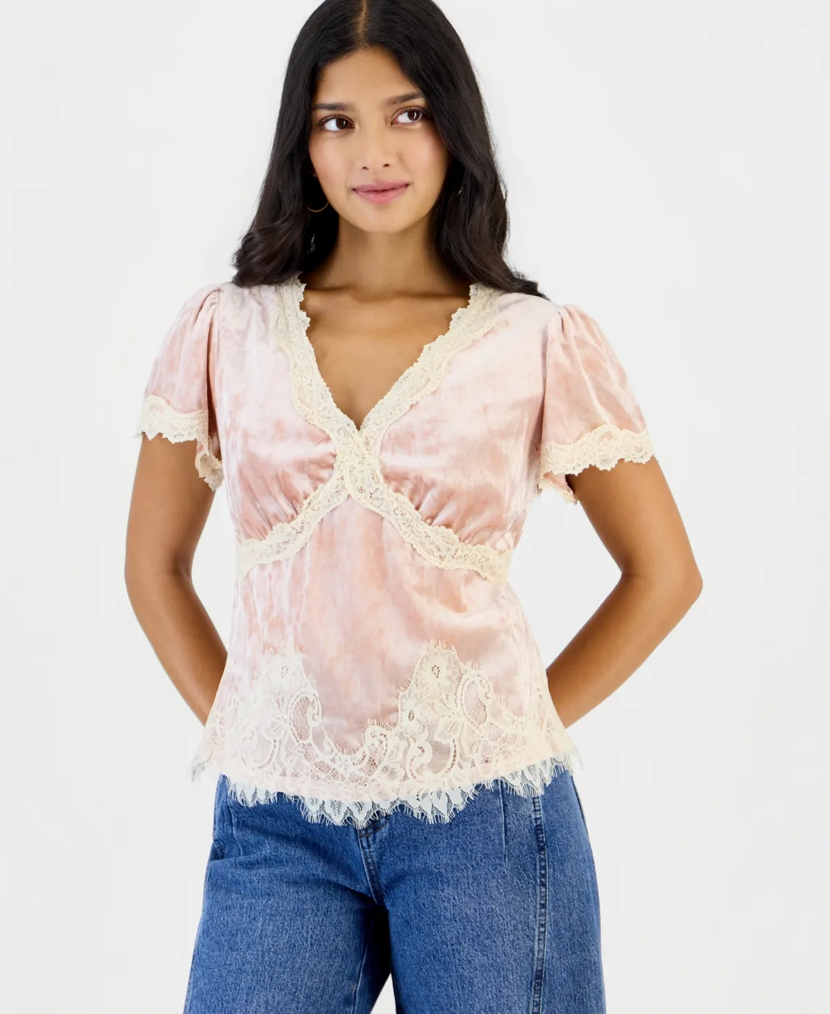Velvet Lace-Trim V-Neck Short-Sleeve Blouse