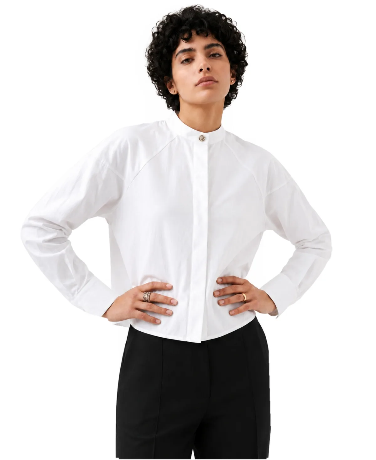 Raglan Long-Sleeve Striped Band Collar Blouse by Jason Wu
