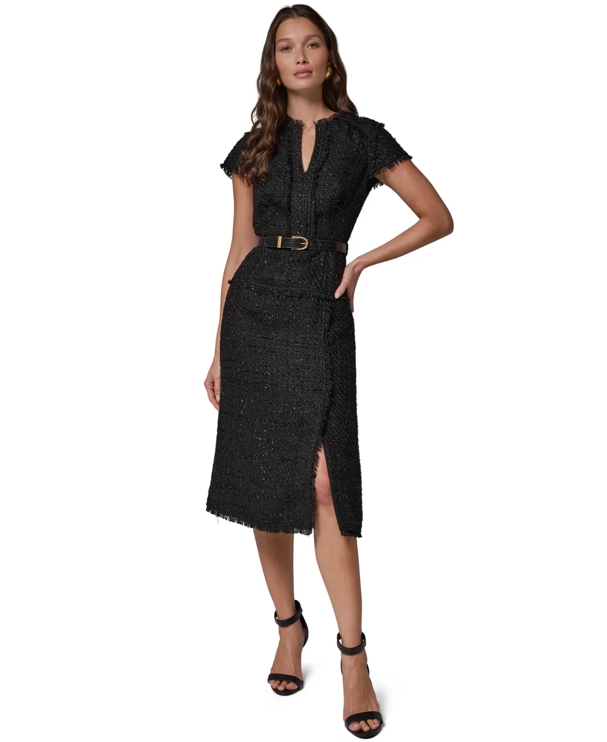 Belted Split-Neckline Tweed Midi Dress by Donna Karan New York