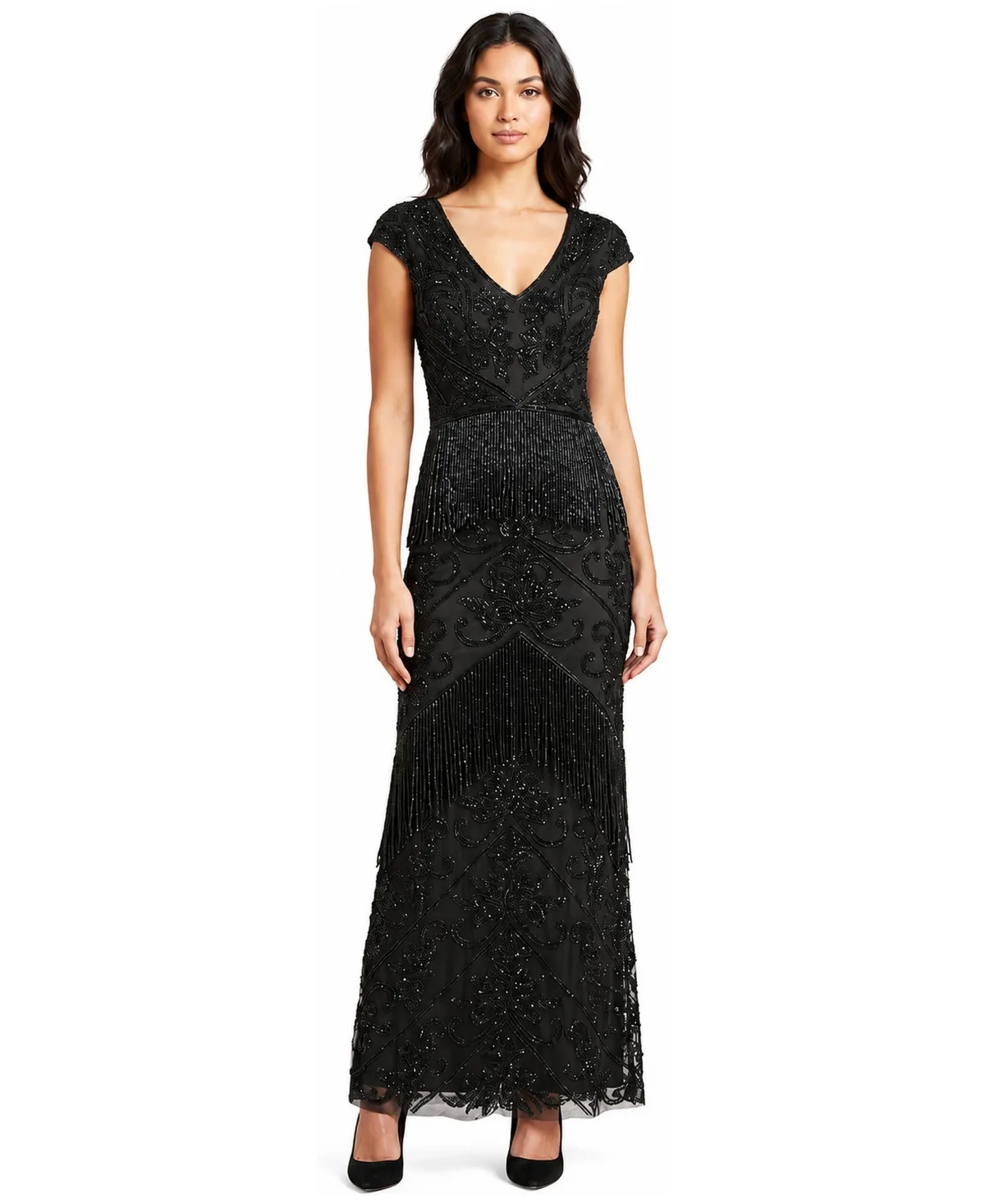 Cap-Sleeve Beaded Fringe Gown