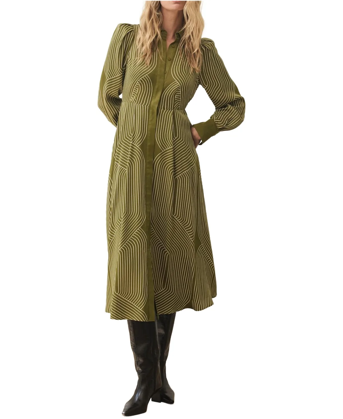 Long-Sleeve Satin A-Line Midi Shirt Dress by Mint Velvet