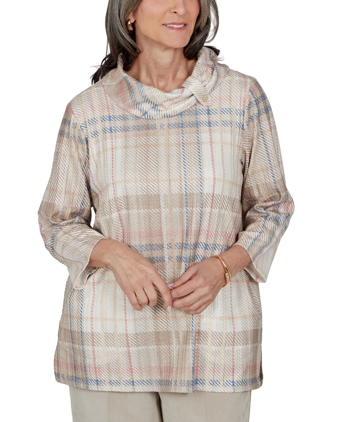 Plaid Cowl Neck 3/4-Sleeve Tunic Top by Alfred Dunner