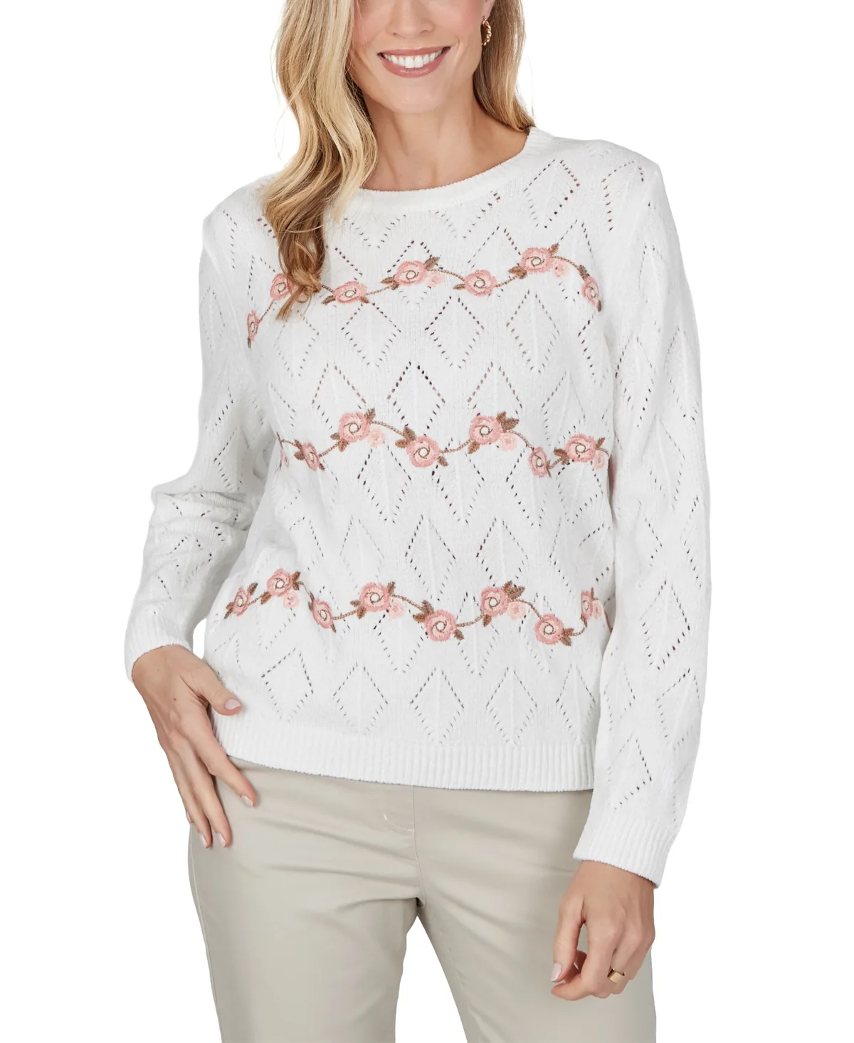 Cable-Knit Floral-Embroidered Lightweight Sweater by Alfred Dunner