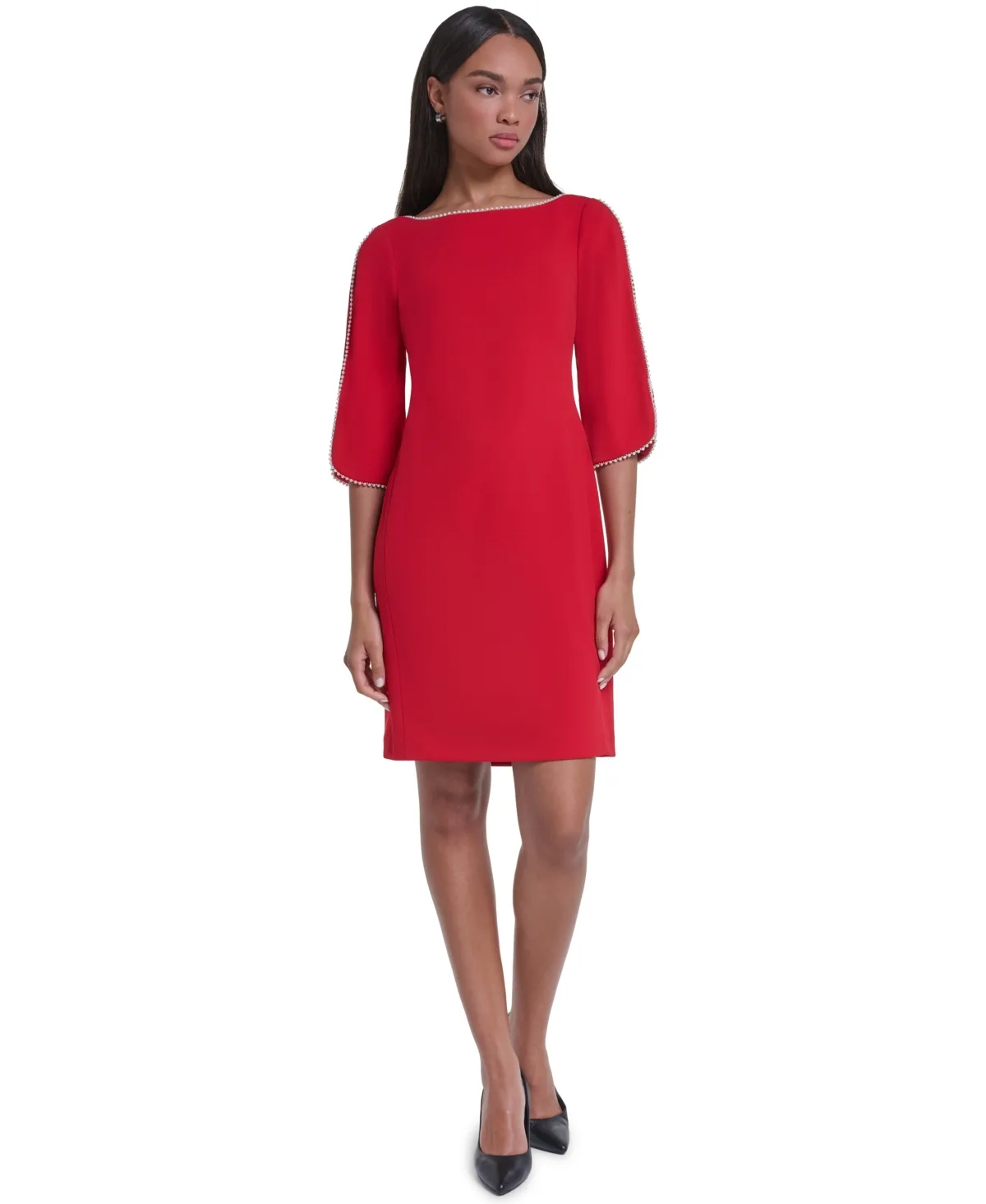 Scuba Crepe Pearl Framing Boat Neck Dress