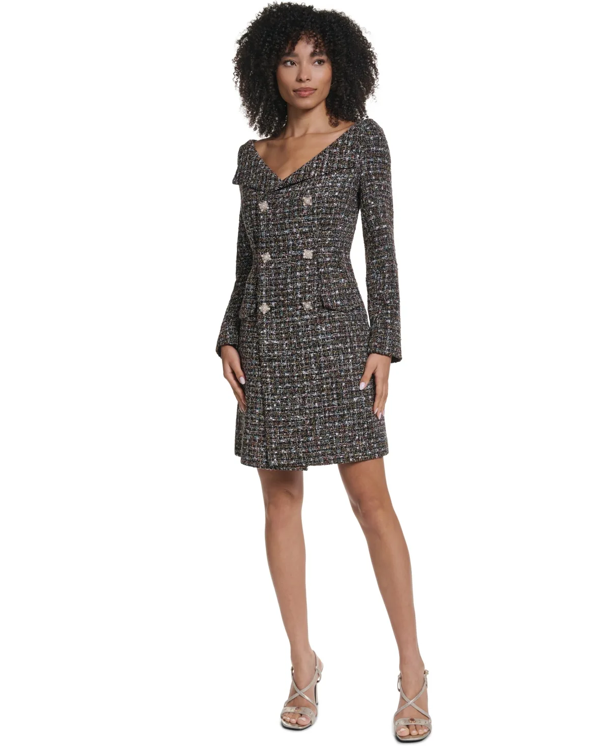 Long-Sleeve Collared Tweed Coat Dress