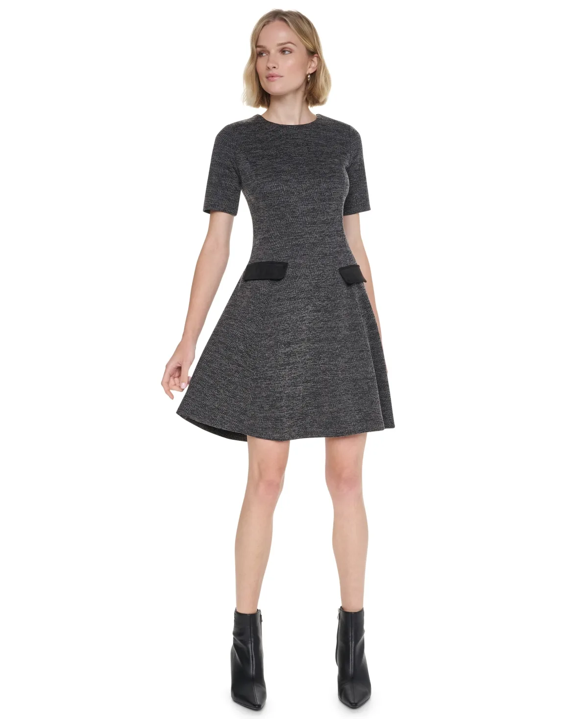 Textured-Knit Short-Sleeve Fit-and-Flare Dress