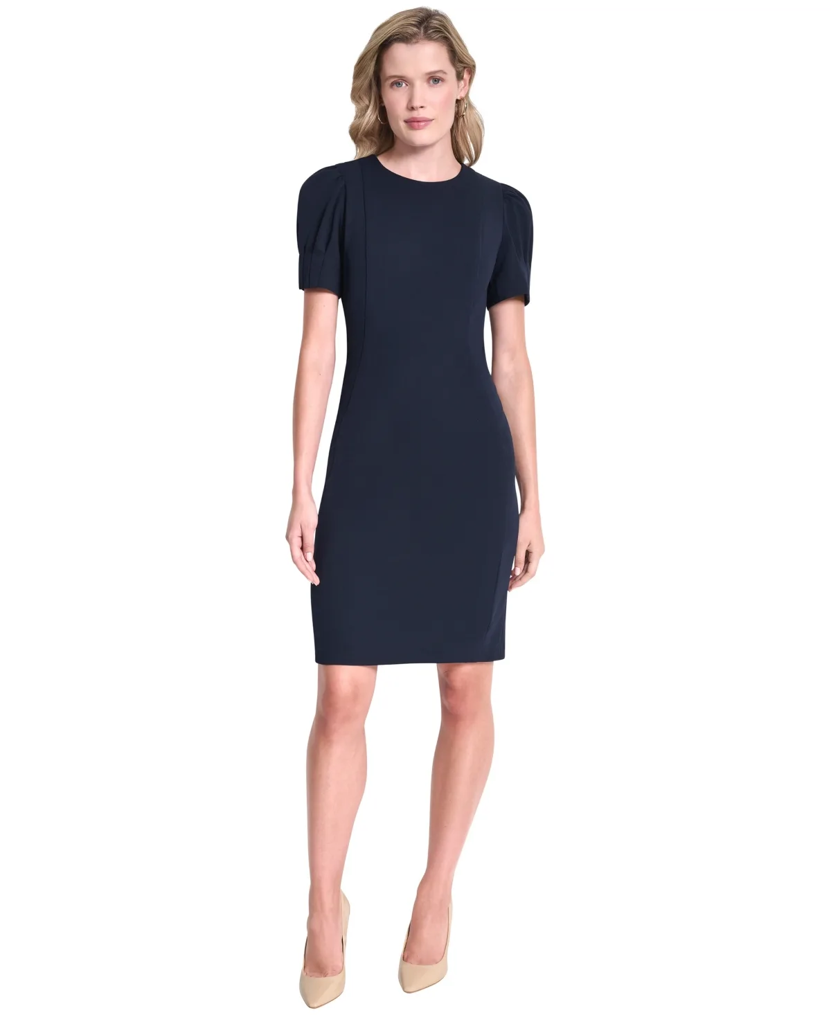 Puff-Sleeve Crewneck Sheath Dress