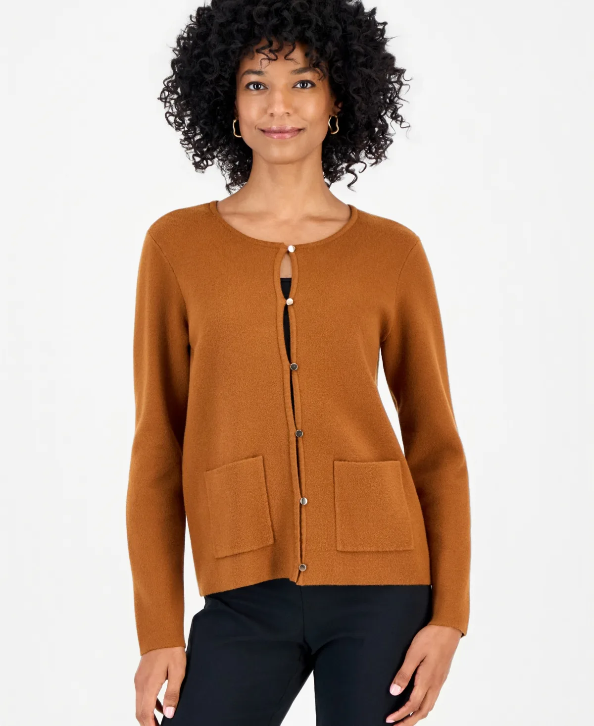 Crewneck Long-Sleeve Button-Front Cardigan