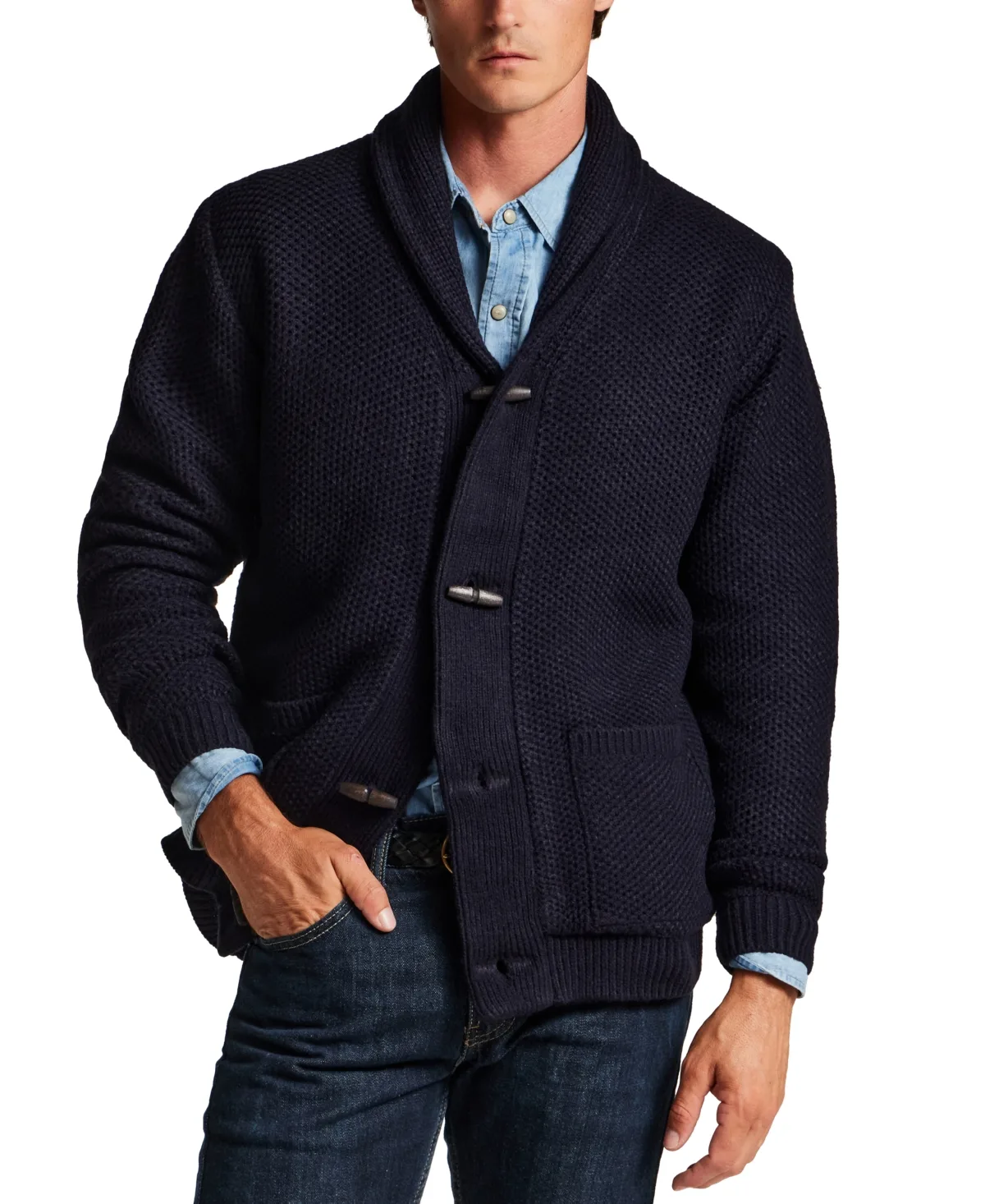Sherpa-Lined Shawl-Collar Textured Sweater Jacket by Weatherproof Vintage