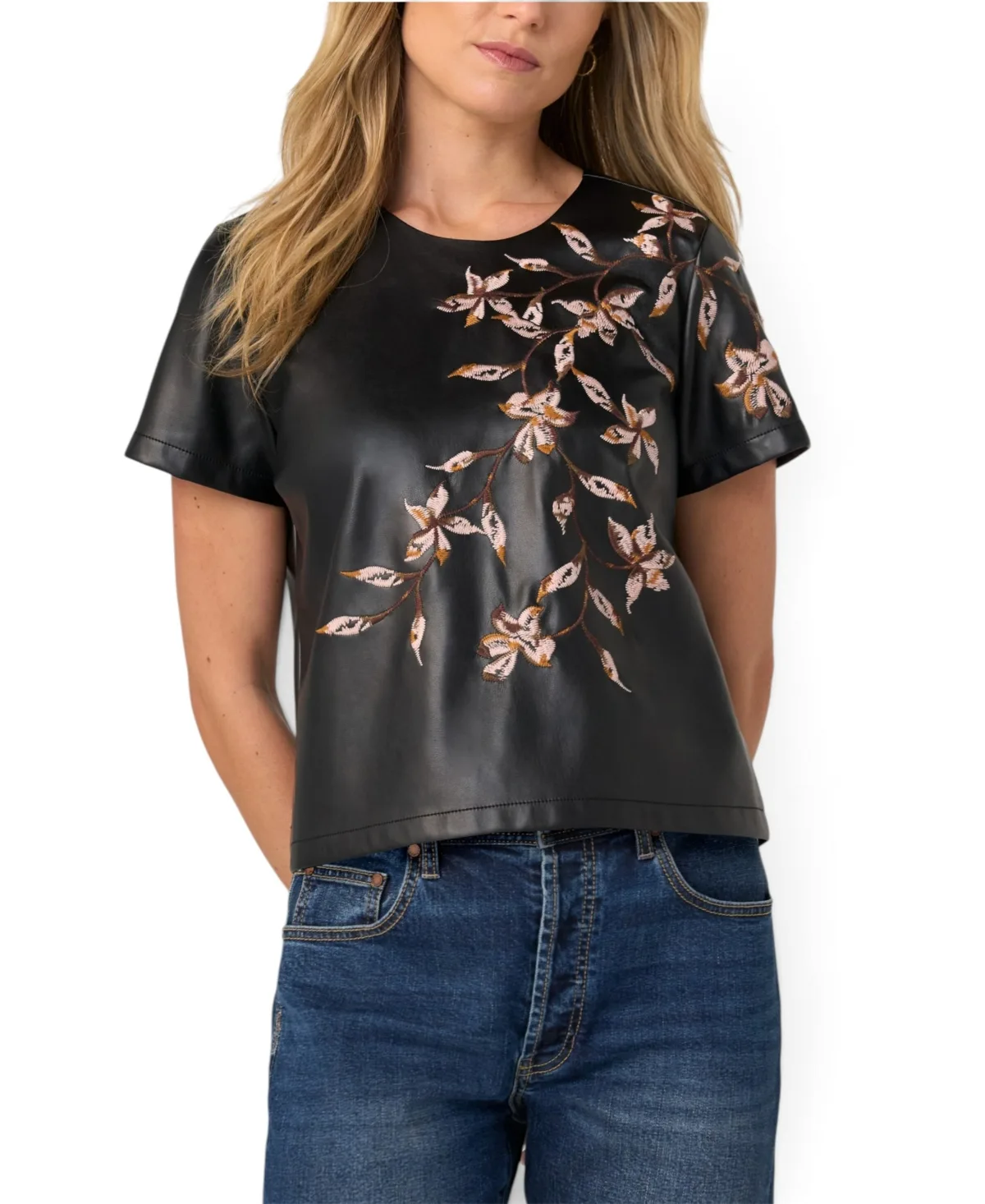 Floral-Embroidered Short-Sleeve Faux Leather Tee by Liverpool Los Angeles