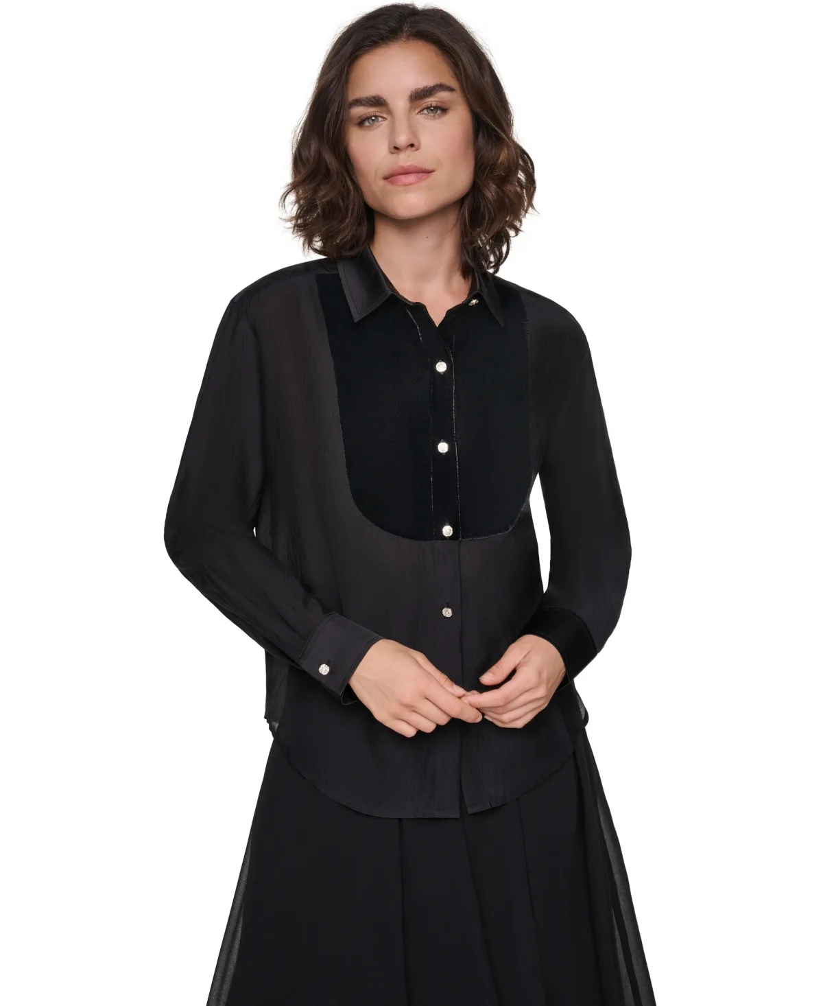 Velvet Woven Long-Sleeve Point-Collar Blouse by Karl Lagerfeld