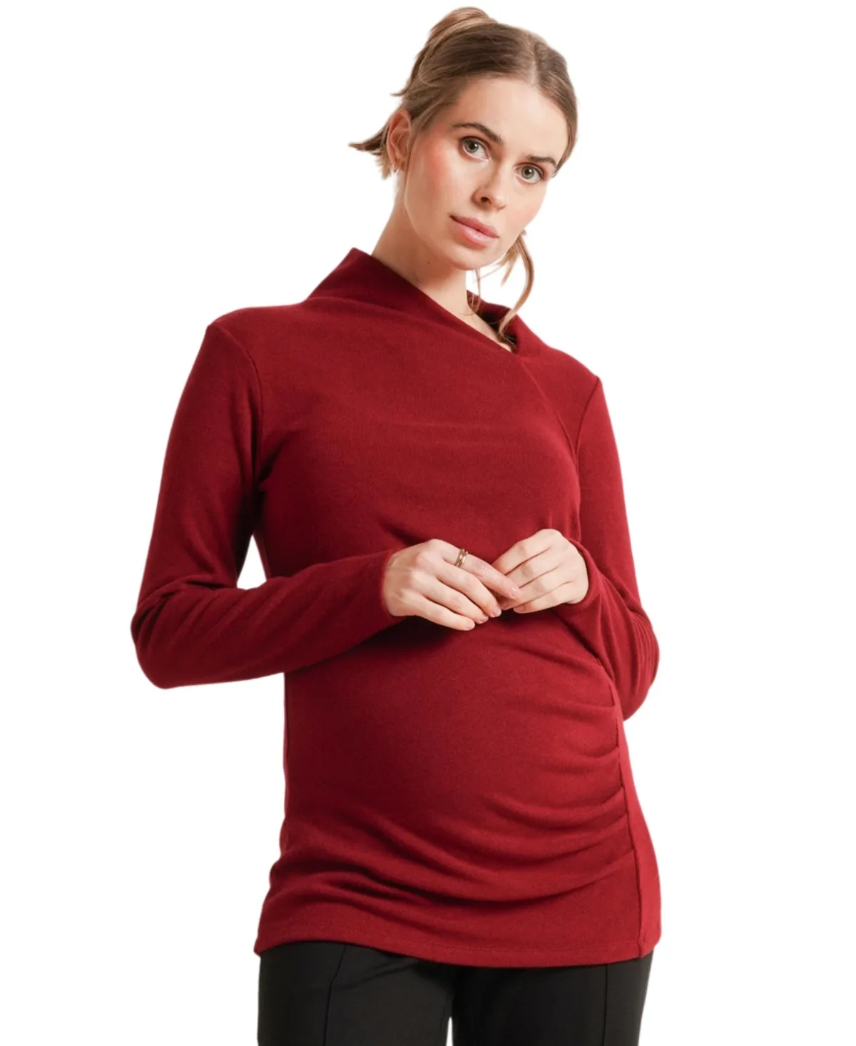 Claire Asymmetric-Neckline Long-Sleeve Ruched Sweater by Nom Maternity