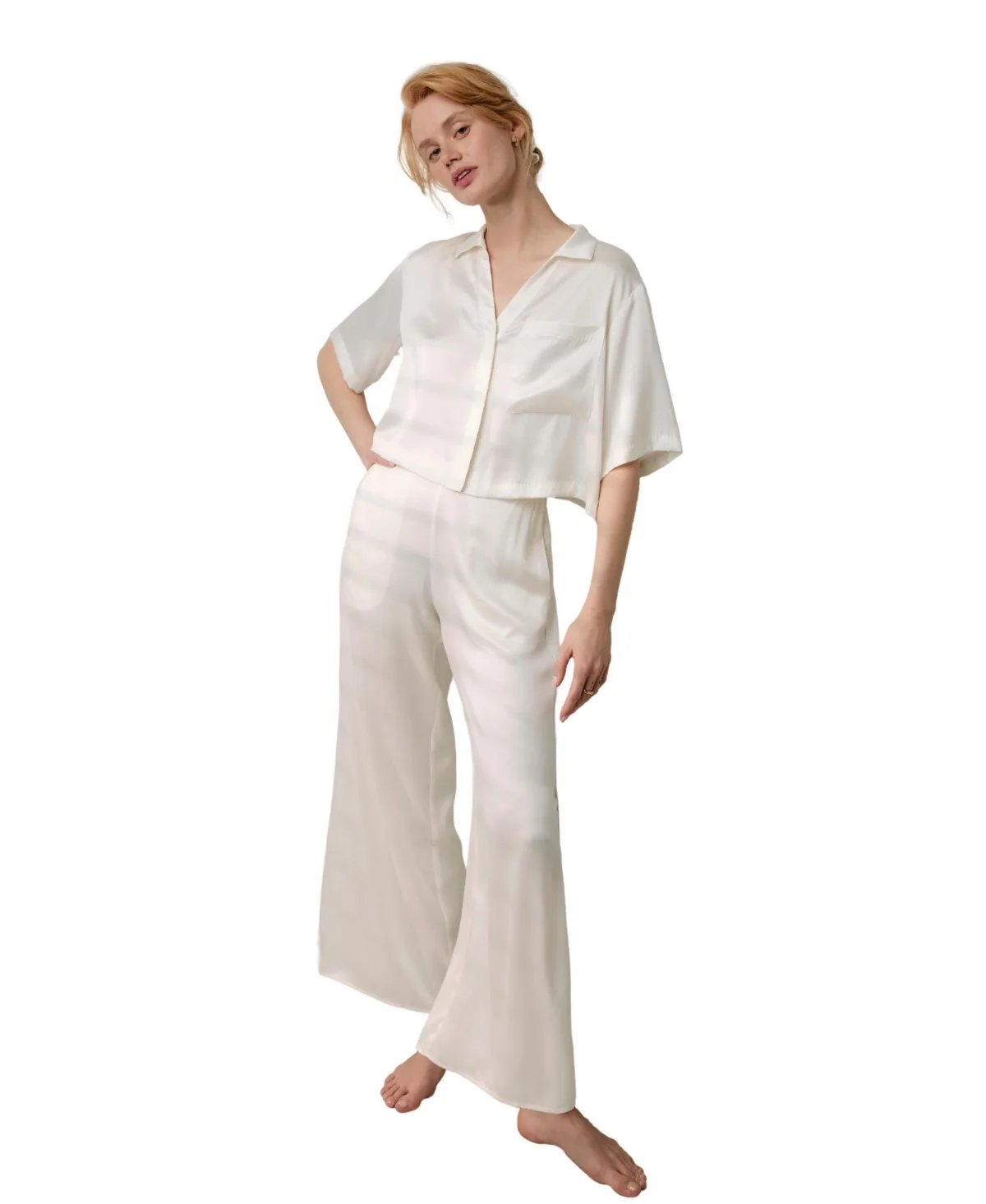 Washable Silk High-Waisted Button-Down Top and Pant, 2-Piece Pajama Set by Lunya