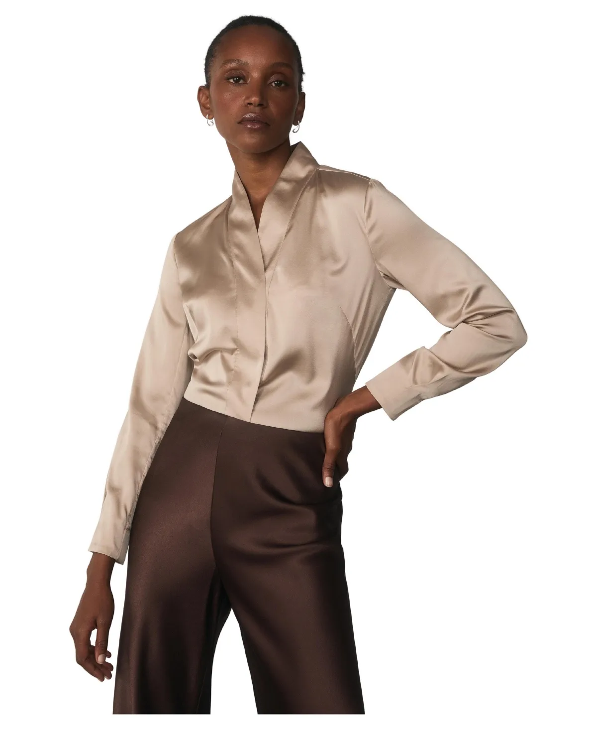 Bowery Stretch Silk-Blend Long-Sleeve V-Neck Blouse by The Fold