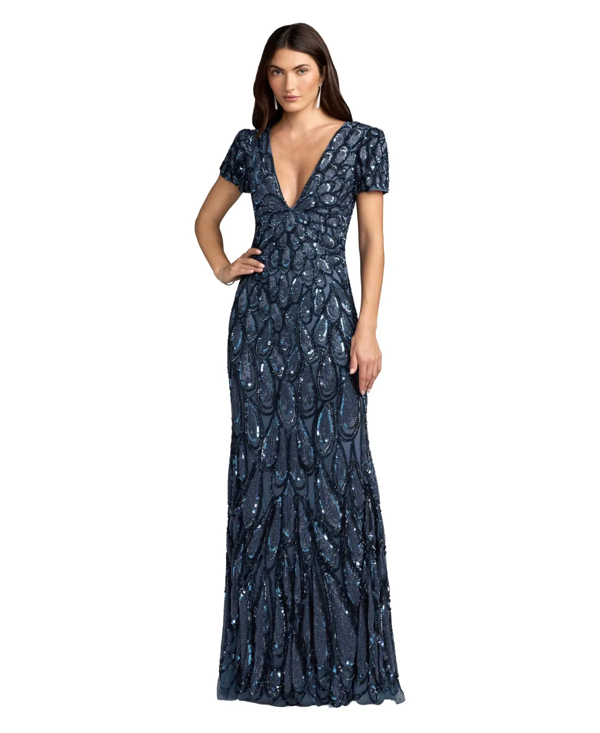 Mac Duggal Beaded Sequin V-Neck Cap Sleeve Fitted Column Gown - Denim