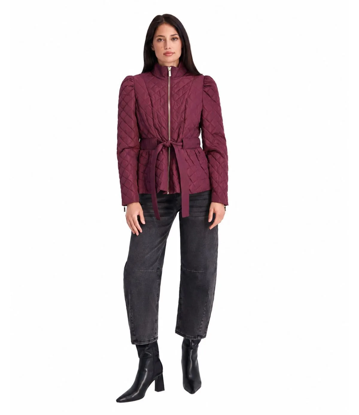 Quilted Peplum Jacket with Self-Tie Waist and Stand Collar by Kensie