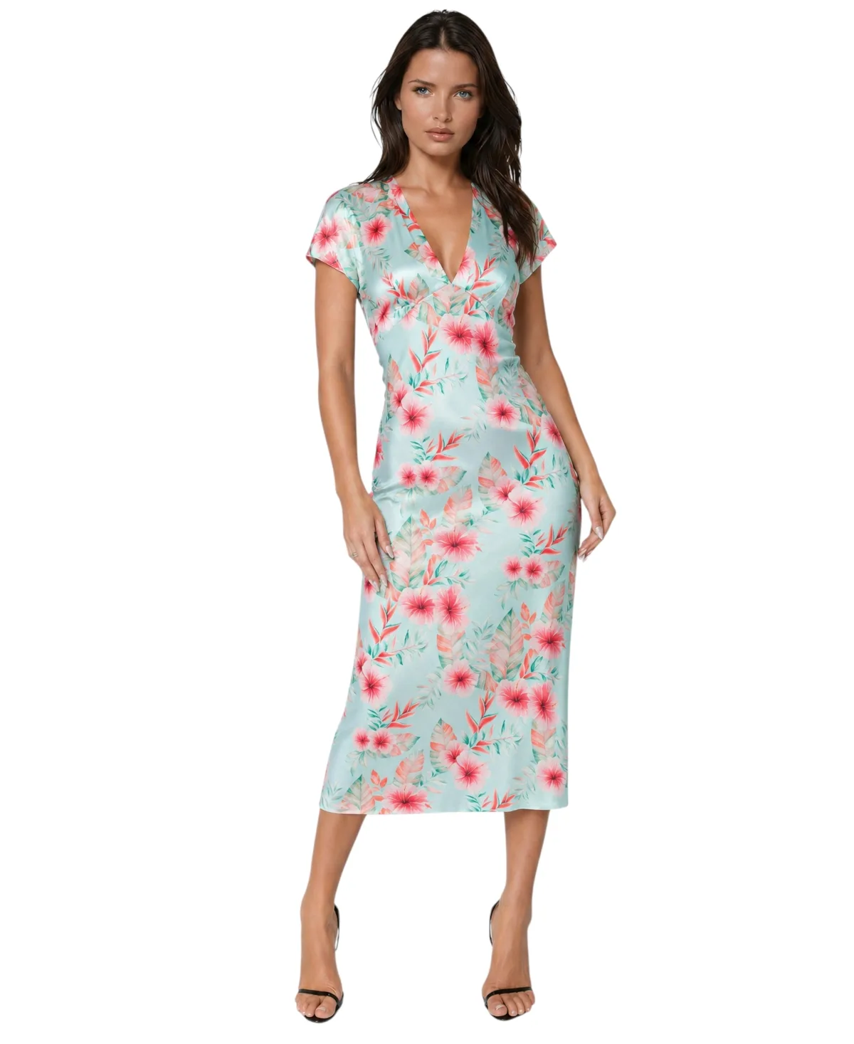 Floral-Print V-Neck Short-Sleeve Maxi Dress by bebe