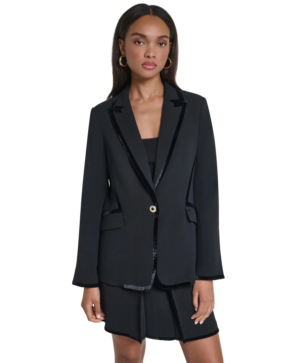 Mixed Media Notch-Collar Velvet-Trim Blazer by Karl Lagerfeld