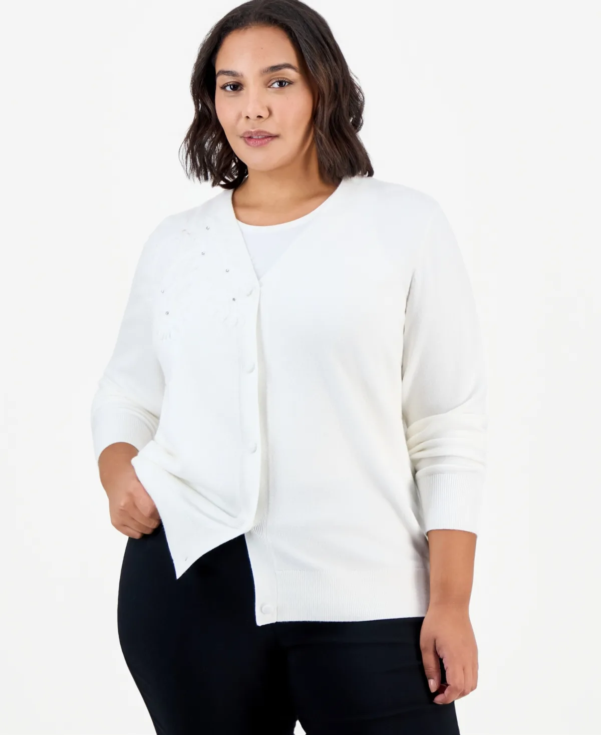 Floral Applique with Sequin Embellishments V-Neck Cardigan by Kasper