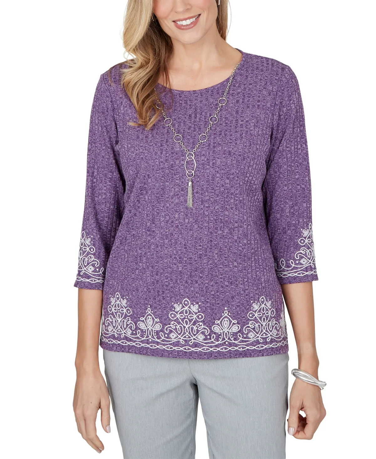 3/4-Sleeve Embroidered Side-Slit Blouse by Alfred Dunner