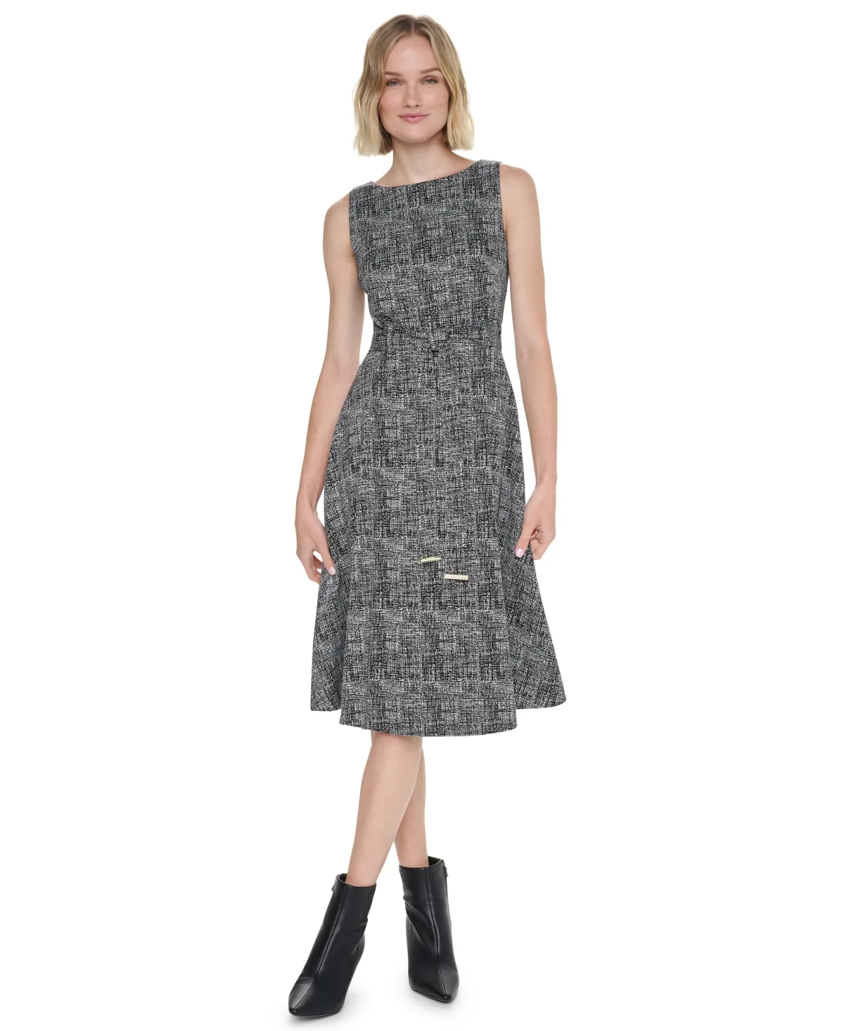Fit-and-Flare Jewel-Neckline Midi Dress