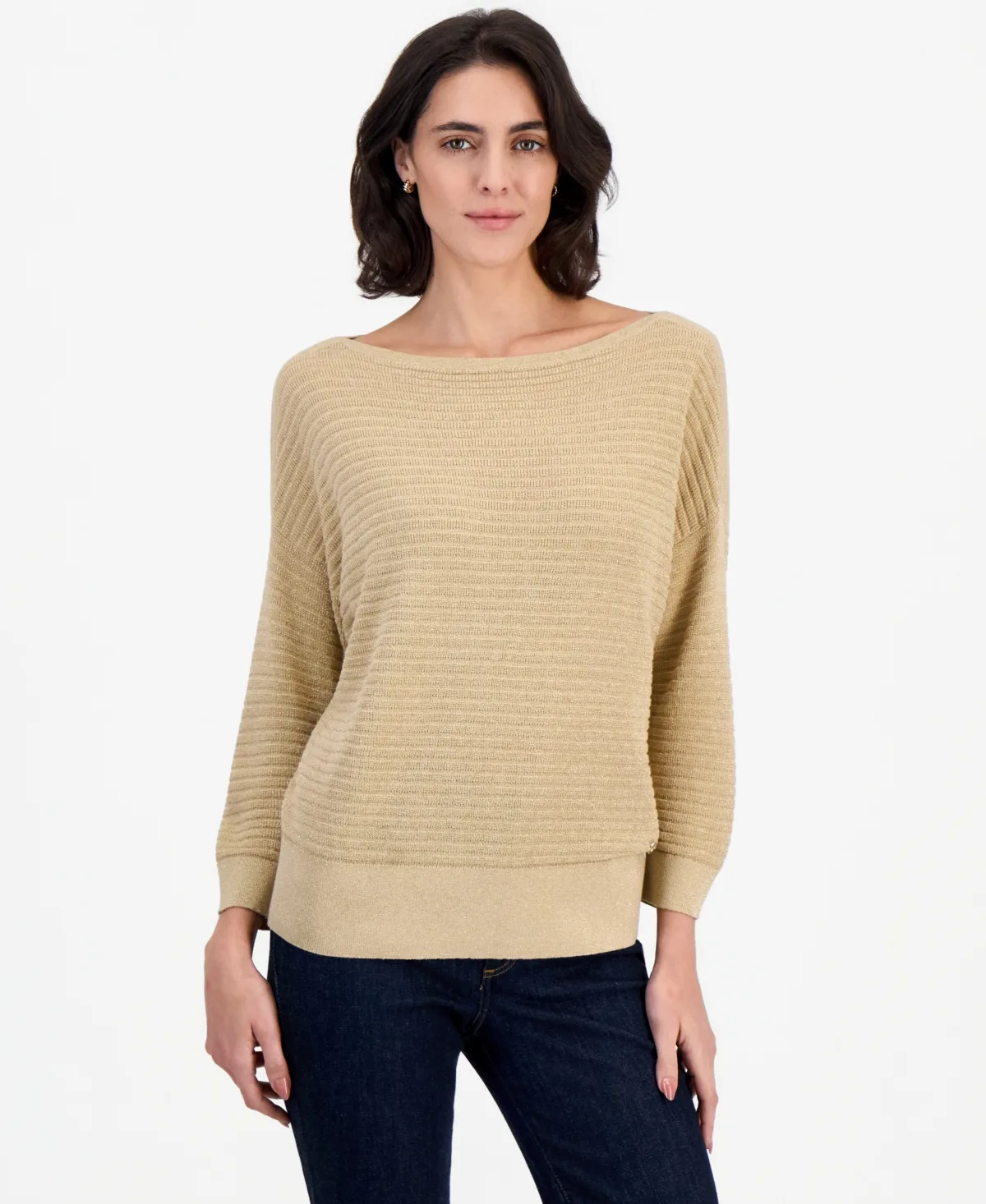 Lurex-Knit 3/4-Length-Sleeve Boatneck Sweater by Nautica