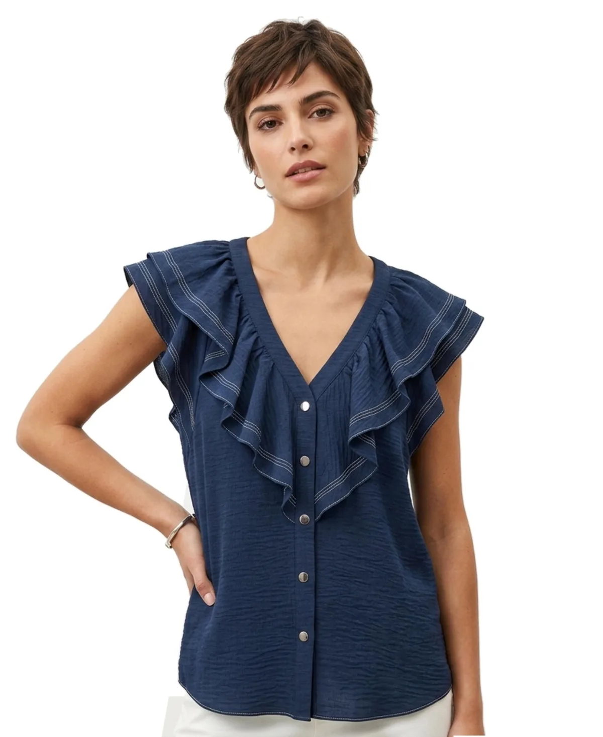 Ruffle Sleeve V-Neck Woven Top by Joie