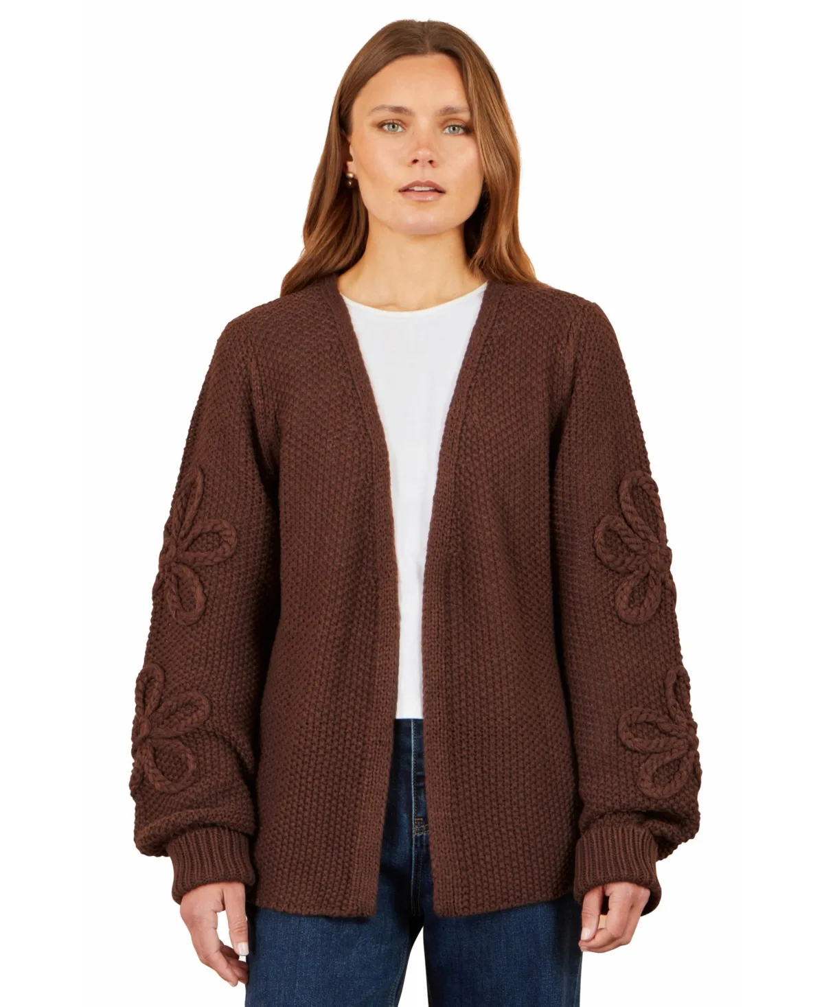 Chunky-Knit Flower-Detail-Sleeve Cardigan by Yumi